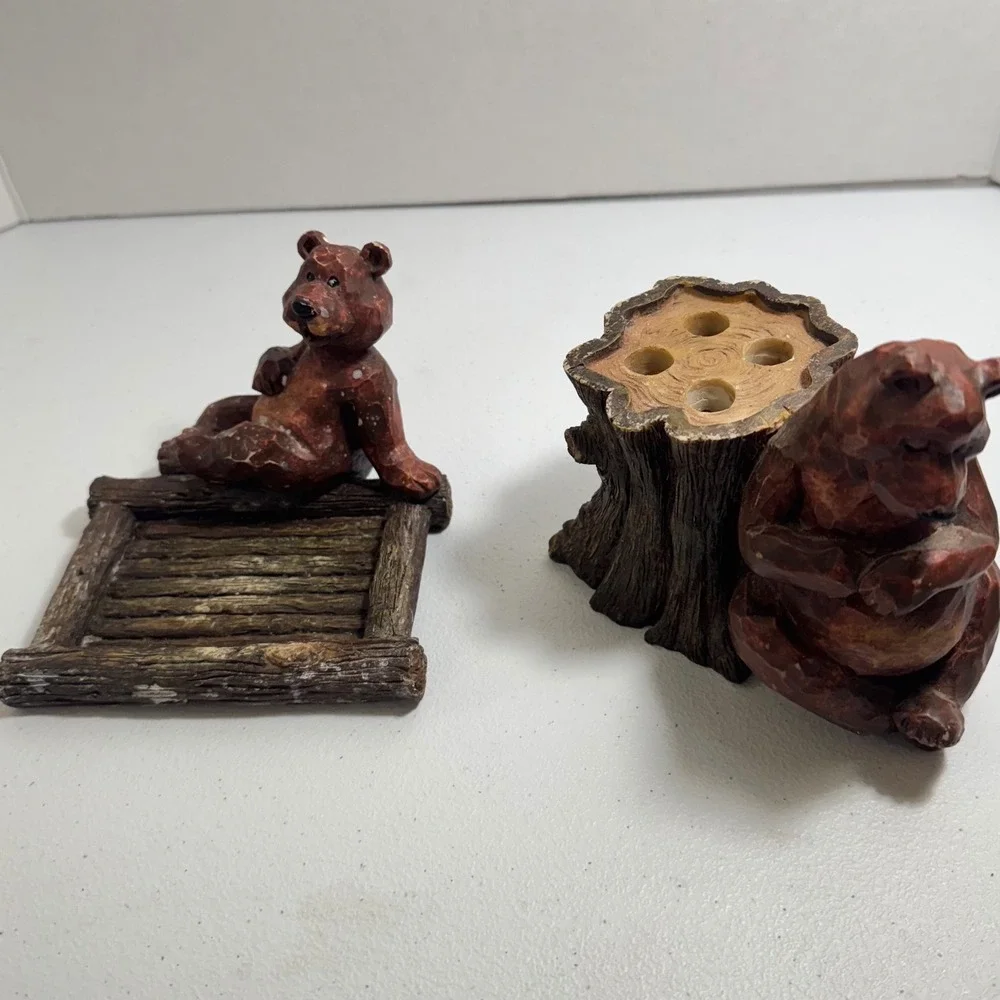 VTG Rustic wooden Bear Bathroom ART Toothbrush Soap holders Bear Tree Carved set